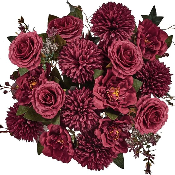 Premium Burgundy Silk Flowers Bouquet, Wine Artificial Floral Arrangements, Dark